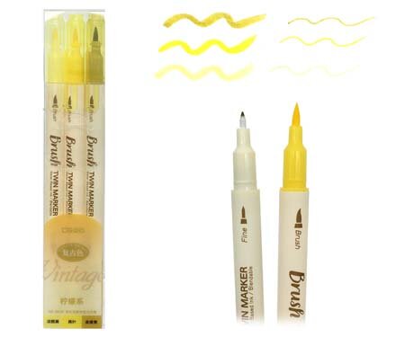 фото Скетч-маркеры BRUSH 3 цв. DS-7 Винтажные двусторонние (кисть+линер) желтые DS-302E (1/24/72)