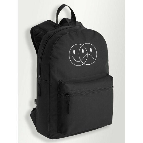 Черный школьный рюкзак с принтом смайлик улыбка грустный смайлик психоделика - 309