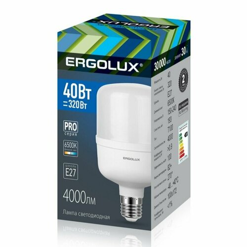 Лампа светодиодная E27, 40 Вт, 150-240 В, цилиндрическая, 6500 К, свет холодный белый, Ergolux, LED-HW-40 PRO