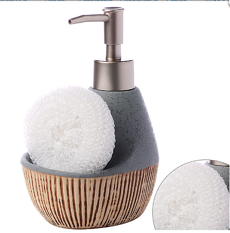 фото Дозатор для жидкого мыла 380 мл. с губкой керамика серый