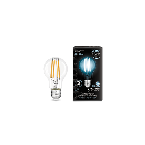 Лампа Gauss Filament А60 20W 1850lm 4100К Е27 LED 1/10/40 (15 шт.)