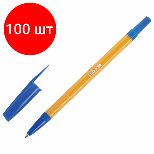 Комплект 100 шт, Ручка шариковая STAFF BP-03, синяя, корпус оранжевый, узел 1 мм, линия письма 0.5 мм, 143741