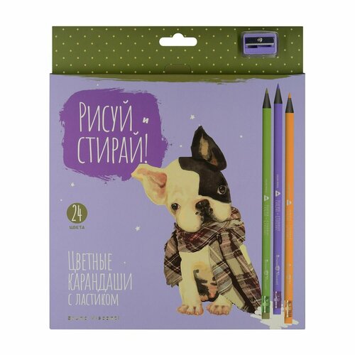 Карандаши цветные Bruno Visconti Рисуй и Стирай 24 цвета, пластиковые, трёхгранные с ластиком и точилкой, Собака
