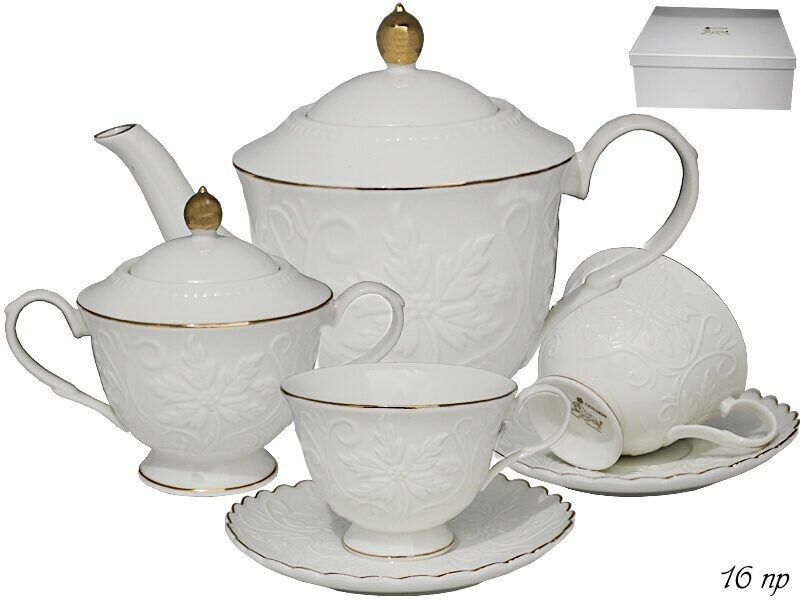 Чайный сервиз на 6 персон 14 предметов Ленарди Снежана чашки, чайник, блюдца, сахарница, фарфор