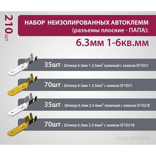 Набор неизолированных автоклемм (разъемы плоские - папа): 6.3мм 1-6кв. мм (210 шт)