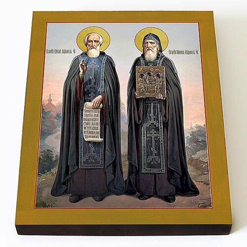Преподобные Сергий и Никон, Радонежские чудотворцы, икона на доске 8*10 см