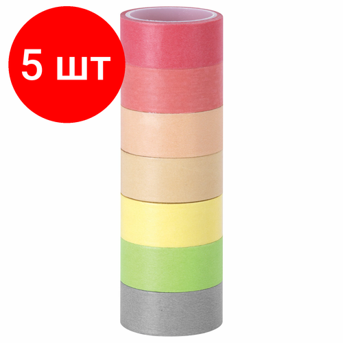 Комплект 5 шт, Клейкие WASHI-ленты для декора "пастель", 7 теплых цветов, 15 мм х 3 м, рисовая бумага, остров сокровищ, 661700 ассорти