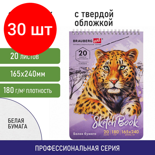 Комплект 30 шт, Скетчбук, белая бумага 180 г/м2, 165х240 мм, 20 л, гребень, твердая обложка, BRAUBERG ART CLASSIC, 112993