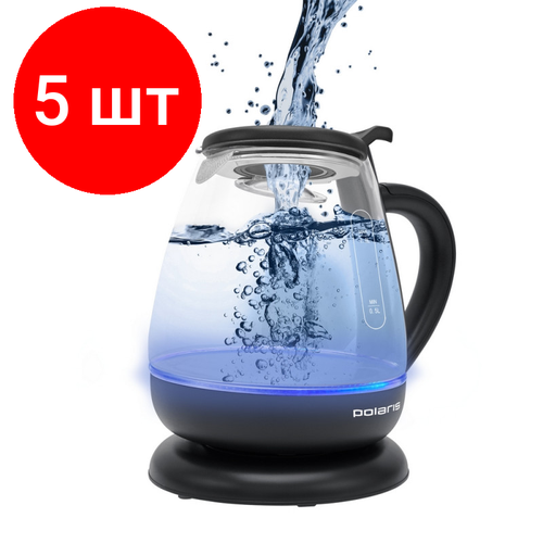 Комплект 5 штук, Чайник Polaris PWK 1077CGL Water Way Pro, 1 л, 1950 Вт, стекло, верхний залив