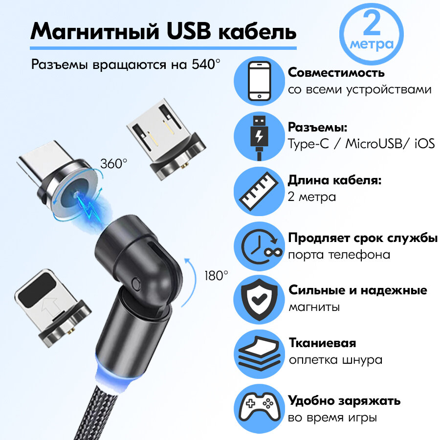 Магнитный поворотный USB кабель 3 в 1 Micro USB/Type C/iPhone. Android (Андроид) / 2 метра / Зарядка для телефона