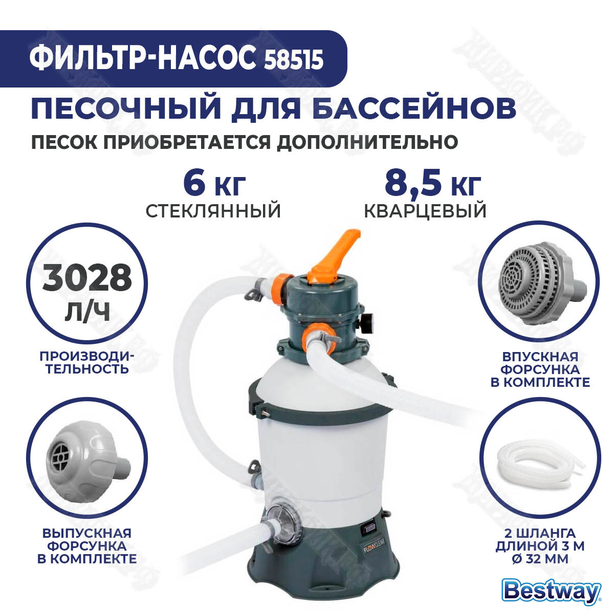 Фильтр-насос для бассейнов песочный 220-240V, 3028 л/ч, 58515 Bestway - фотография № 3