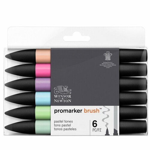 Набор маркеров-кистей худож двухсторонние Winsor&Newton PromarkerBrush, спиртовые, скошенный/кисть, 6 цв, пастельные оттенки (2)