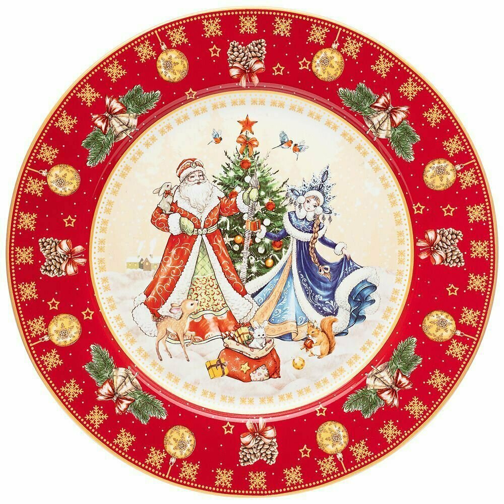 Тарелка обеденная Дед Мороз и снегурочка (красная) Размер: 26 см