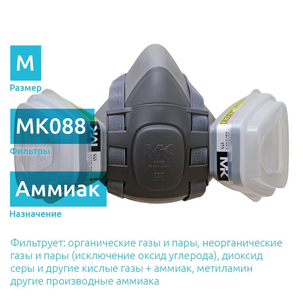 МК65-088kit защитная полумаска от аммиака с противогазовыми фильтрами ABEK1, размер M