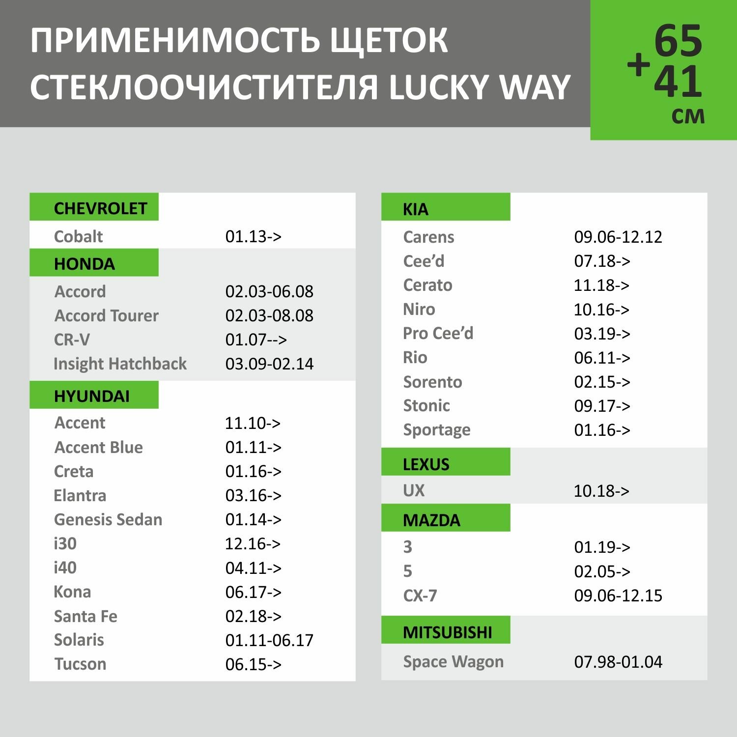 2 Щетки стеклоочистителя в комплекте (65+41 см), Дворники для автомобиля LuckyWay для KIA Ceed Rio, Sorento, HONDA CR-V, HYUNDAI Creta, Solaris, Santa Fe