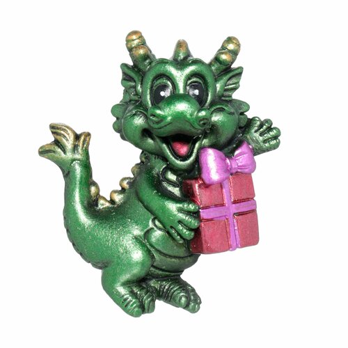 (НГ)Магнит, 8 см, полирезин, зеленый радужный, Дракон с подарком, Dragon blu