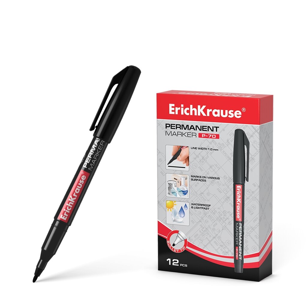 Перманентный маркер ErichKrause® P-70, цвет чернил черный 37073
