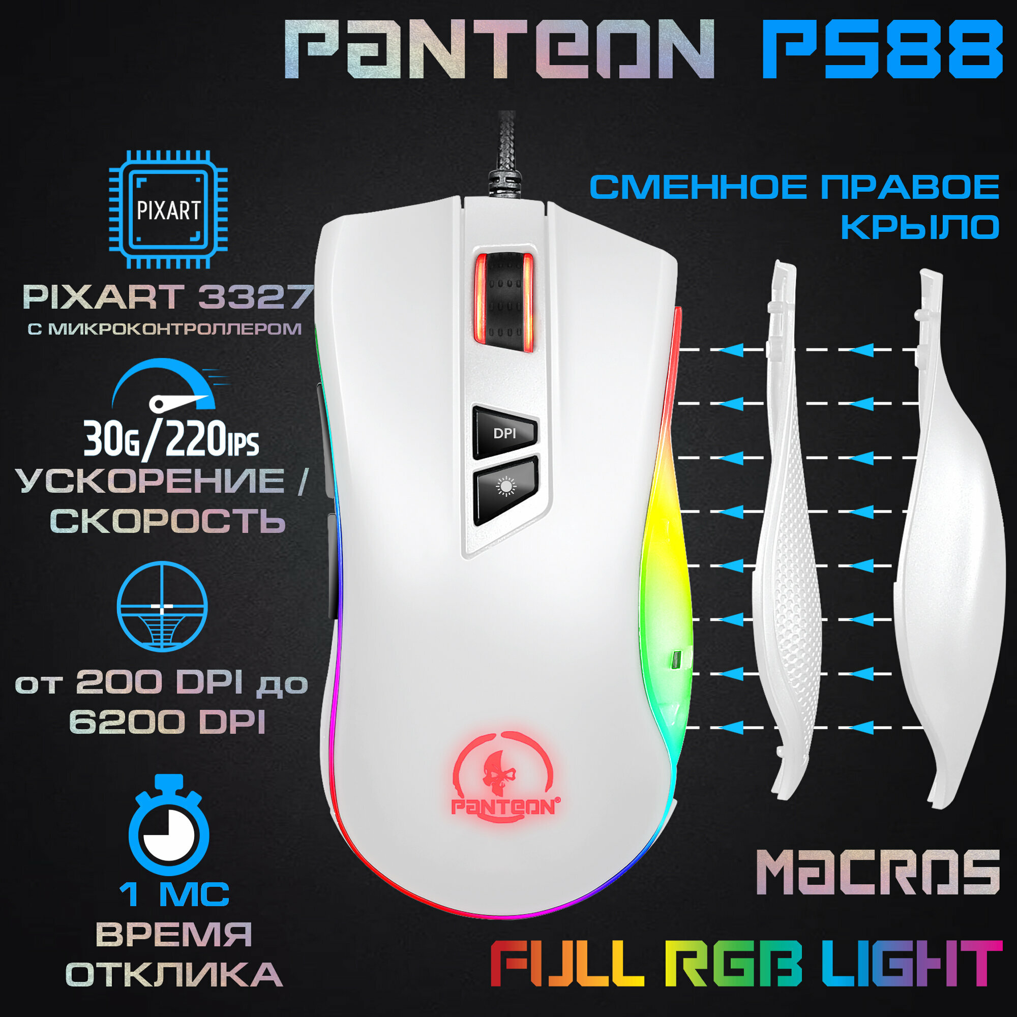 Игровая мышь -трансформер со сменным крылом и подсветкой RGB CHROMA LIGHT PANTEON PS88