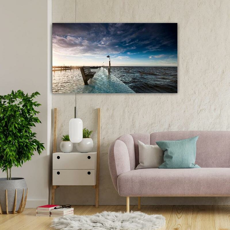 Картина на холсте 60x110 LinxOne "Море мост скамья" интерьерная для дома / на стену / на кухню / с подрамником