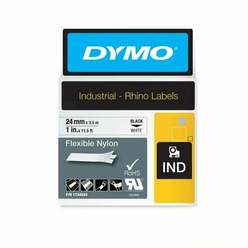 Лента нейлоновая Dymo, для принтеров Rhino, черный шрифт, 3.5 м x 24 мм Белый,