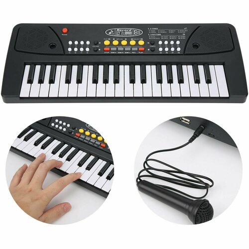 Синтезатор детский электронный с микрофоном, 37 клавиш, 43 см (черный)/пианино детское