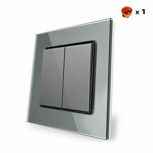 Выключатель двухклавишный, рамка из закаленного стекла, серый