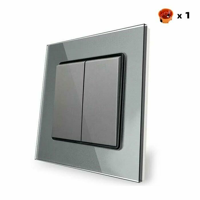 Выключатель двухклавишный, рамка из закаленного стекла, серый