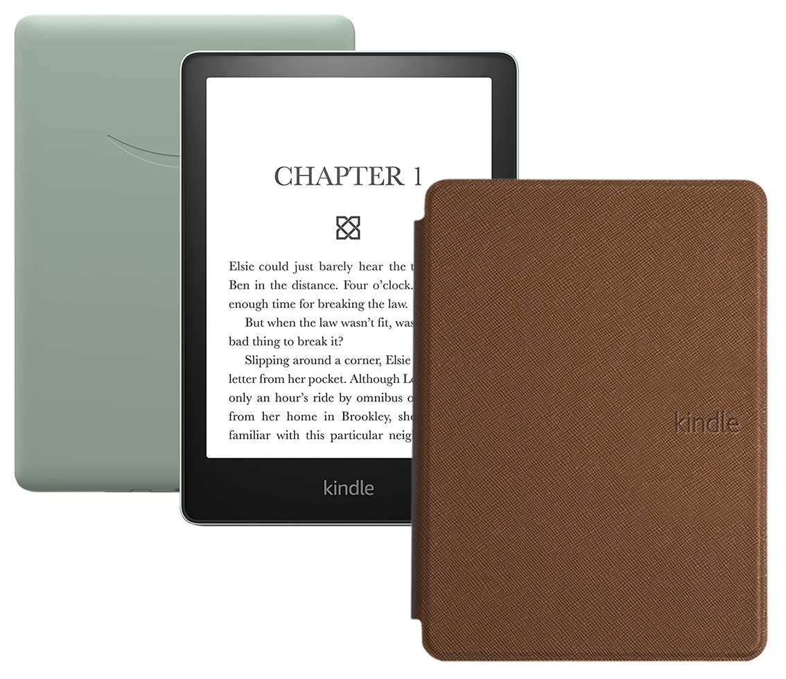 Электронная книга Amazon Kindle PaperWhite 2021 16Gb Ad-Supported Agave Green с обложкой ReaderONE PaperWhite 2021 Brown