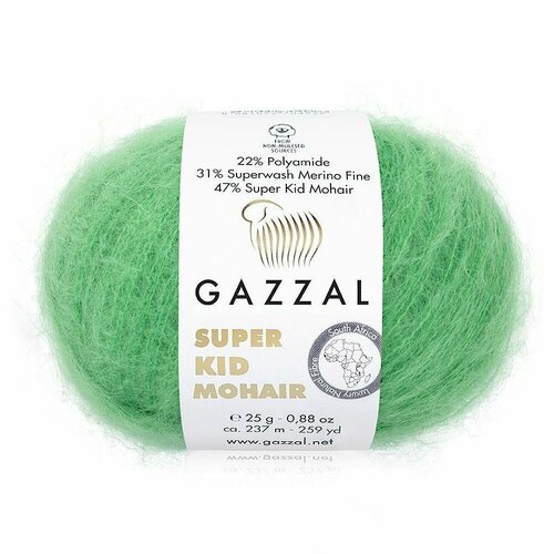 Пряжа SUPER KID MOHAIR (Gazzal), св. салат - 64427, 47% супер кидмохер, 31% тонк. мериносовая шерсть супервош, 22% полиамид, 6 мотков, 25 г, 237 м.