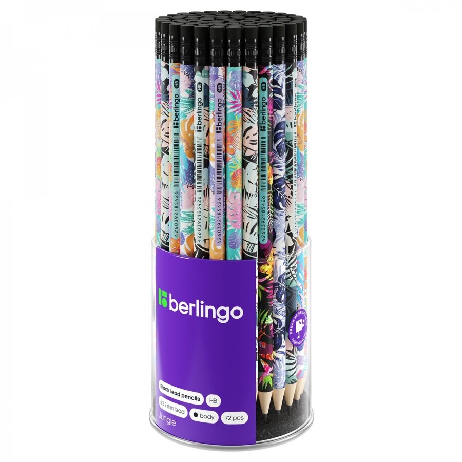 Карандаш чернографитный (простой) Berlingo Jungle (HB, круглый, заточенный, с ластиком, 72шт. (BP01307)