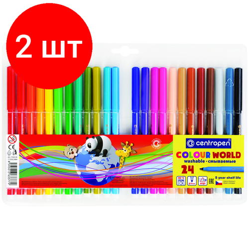 Комплект 2 шт, Фломастеры Centropen Colour World, 24цв, трехгранные, смываемые, блистер