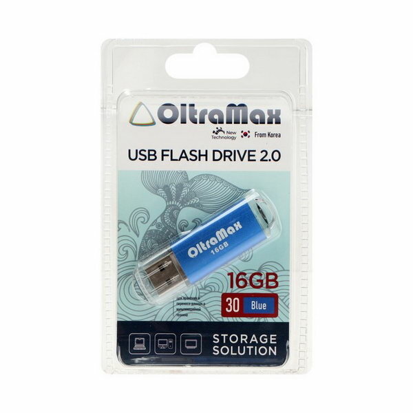 Флешка 30, 16 Гб, USB2.0, чт до 15 Мб/с, зап до 8 Мб/с, синяя