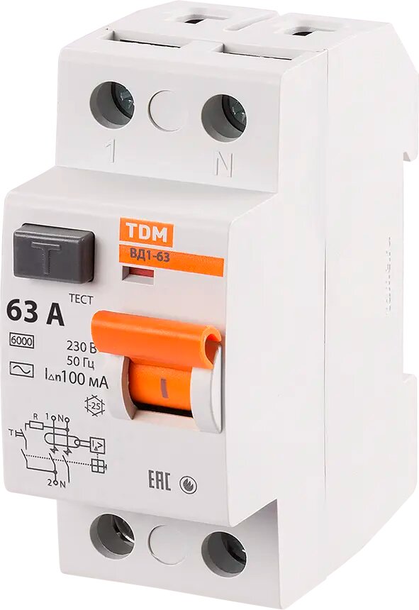 УЗО Tdm Electric ВД1-63 2P 63 A 100 мА 4.5 кА AC SQ0203-0017