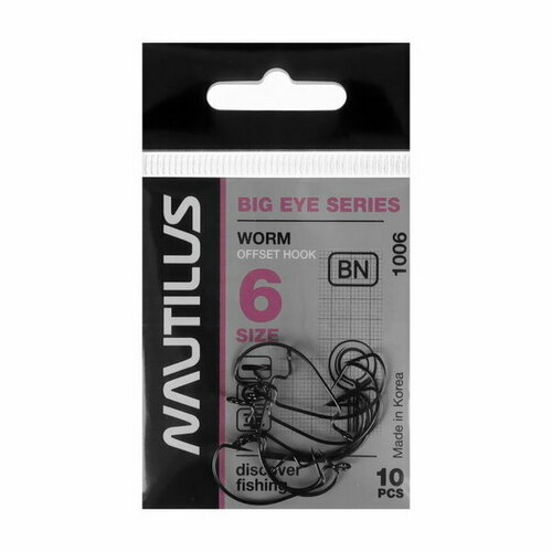 фото Крючок офсетный offset big eye series worm 1006, № 6, 10 шт. nautilus