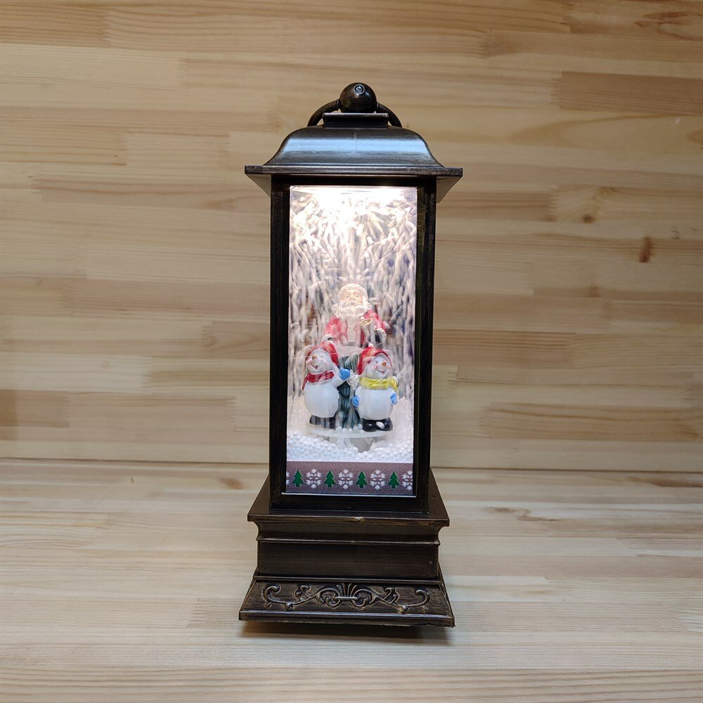 Новогодний декор ретро-фонарь с музыкой подсветкой | Светильник с эффектом падающего снега "Дед Мороз со Снеговиком" 28 см