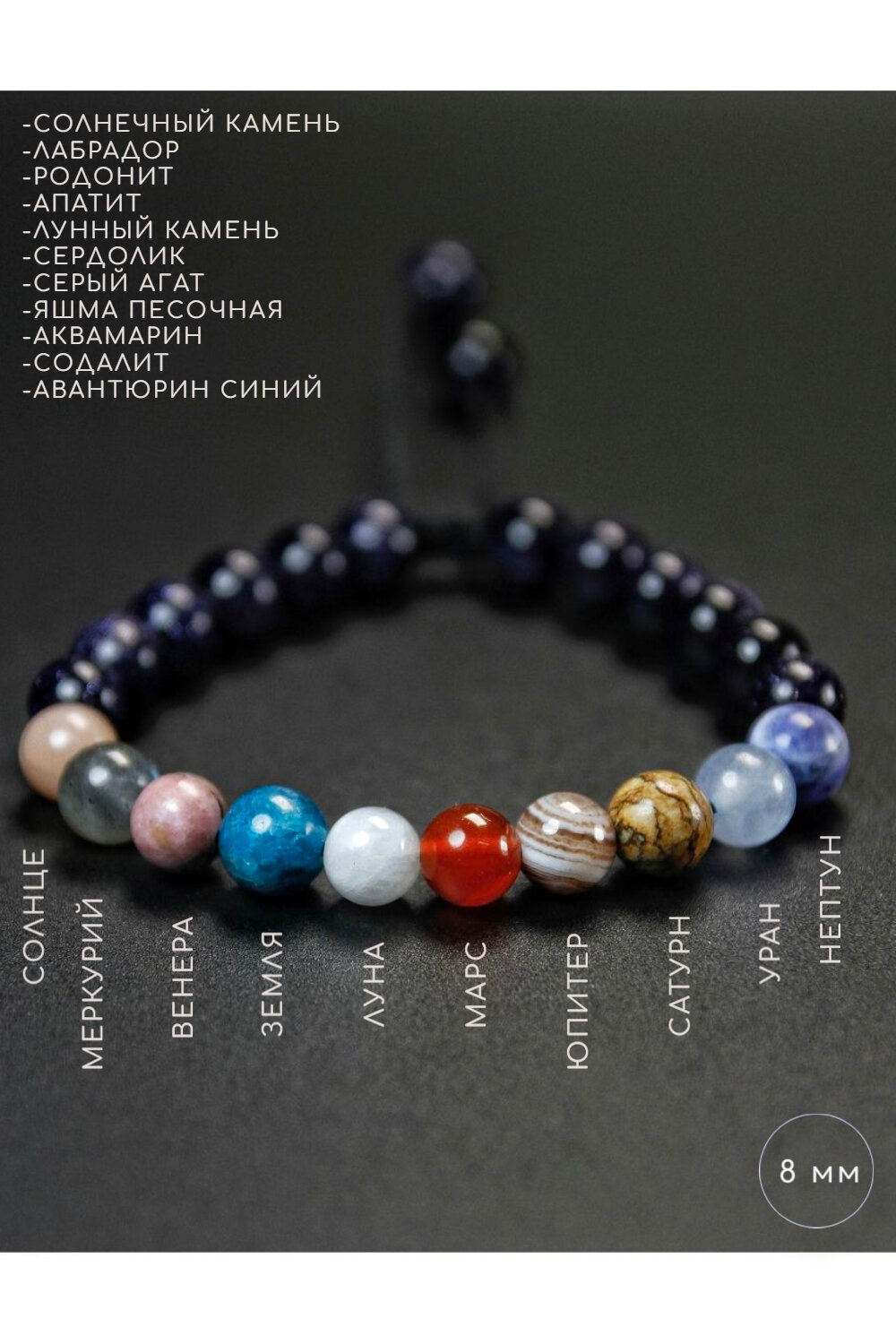 фото Браслет из натуральных камней Солнечная система, 24 бусины (Меркурий, Венера, Земля, Марс, Юпитер, Сатурн, Уран, Нептун, Солнце, Луна)
