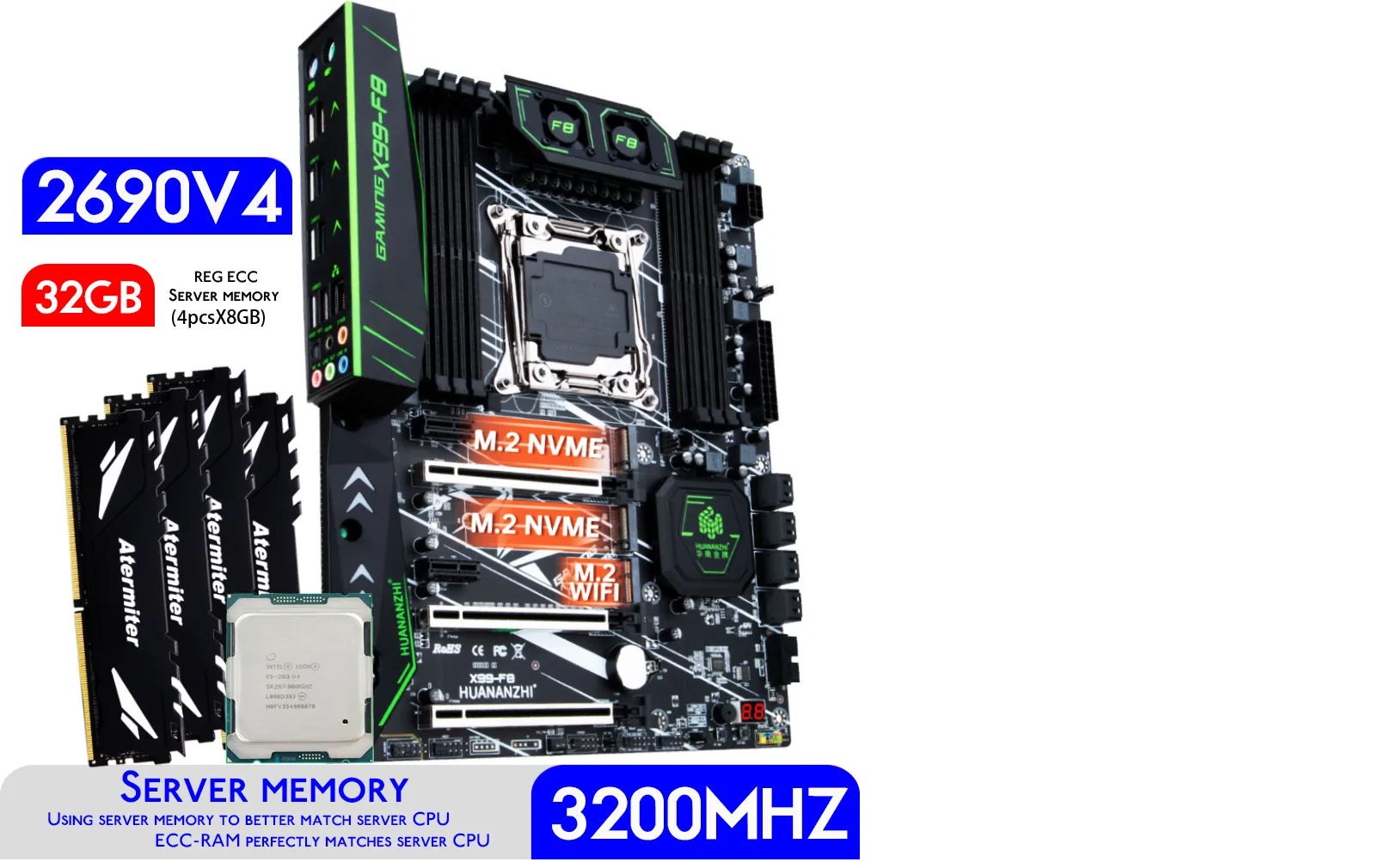 Комплект: HUANANZHI F8 X99+XEON E5-2690v.4+DDR4 32GB 4x8GB 3200mgz REG ECC