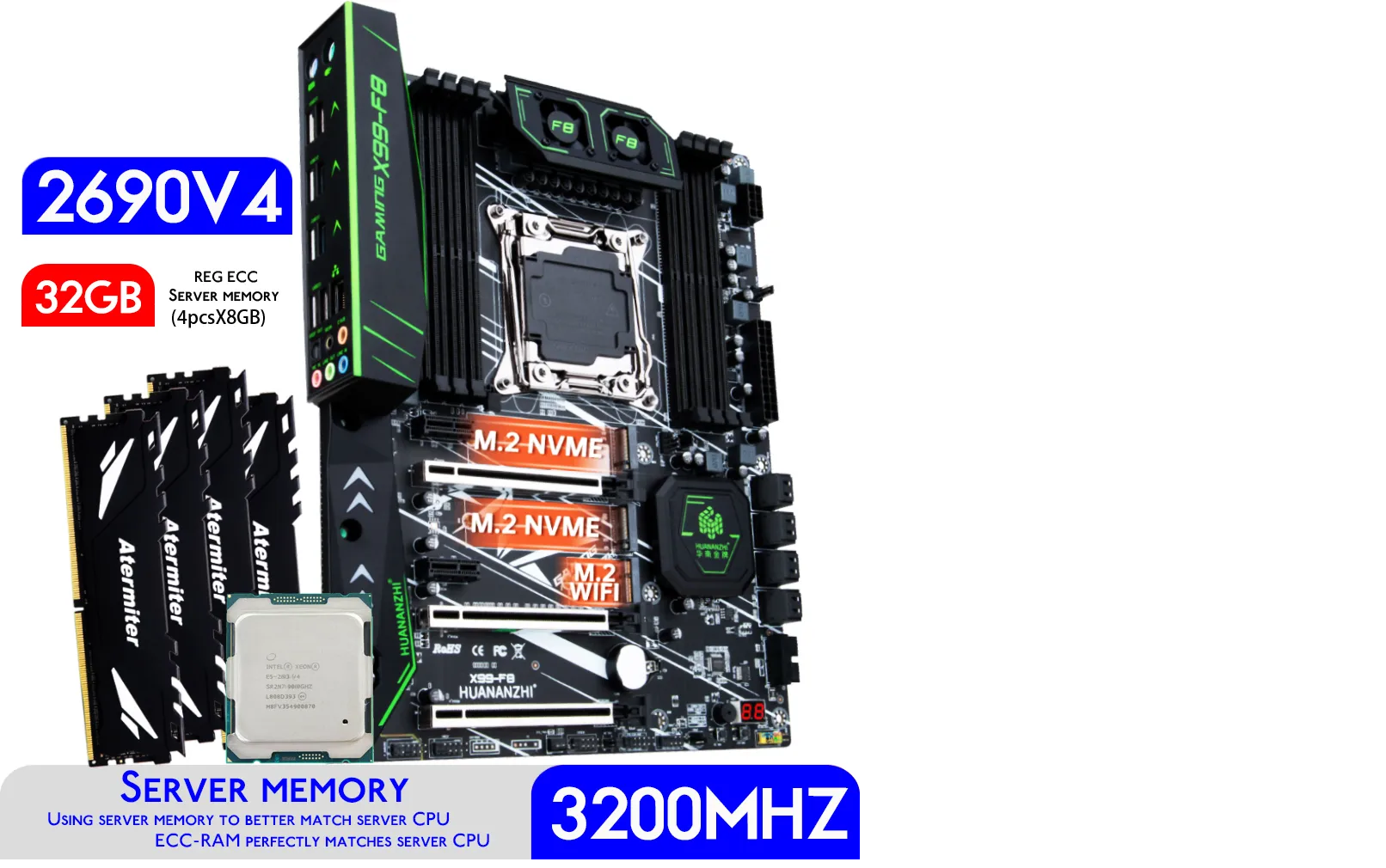 Комплект: HUANANZHI F8 X99+XEON E5-2690v.4+DDR4 32GB 2x16GB 3200mgz REG ECC