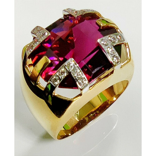 Перстень Эстерелла, желтое золото, 750 проба, родирование, бриллиант, турмалин, размер 20.5