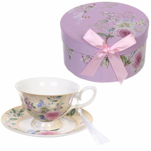 Чайная пара керамическая «Грация» (кружка 220мл+блюдце) в подарочной коробке, кремовая