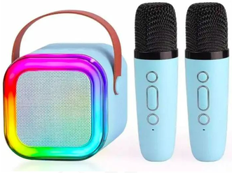 Караоке система с 2 микрофонами и подсветкой, голубой цвет