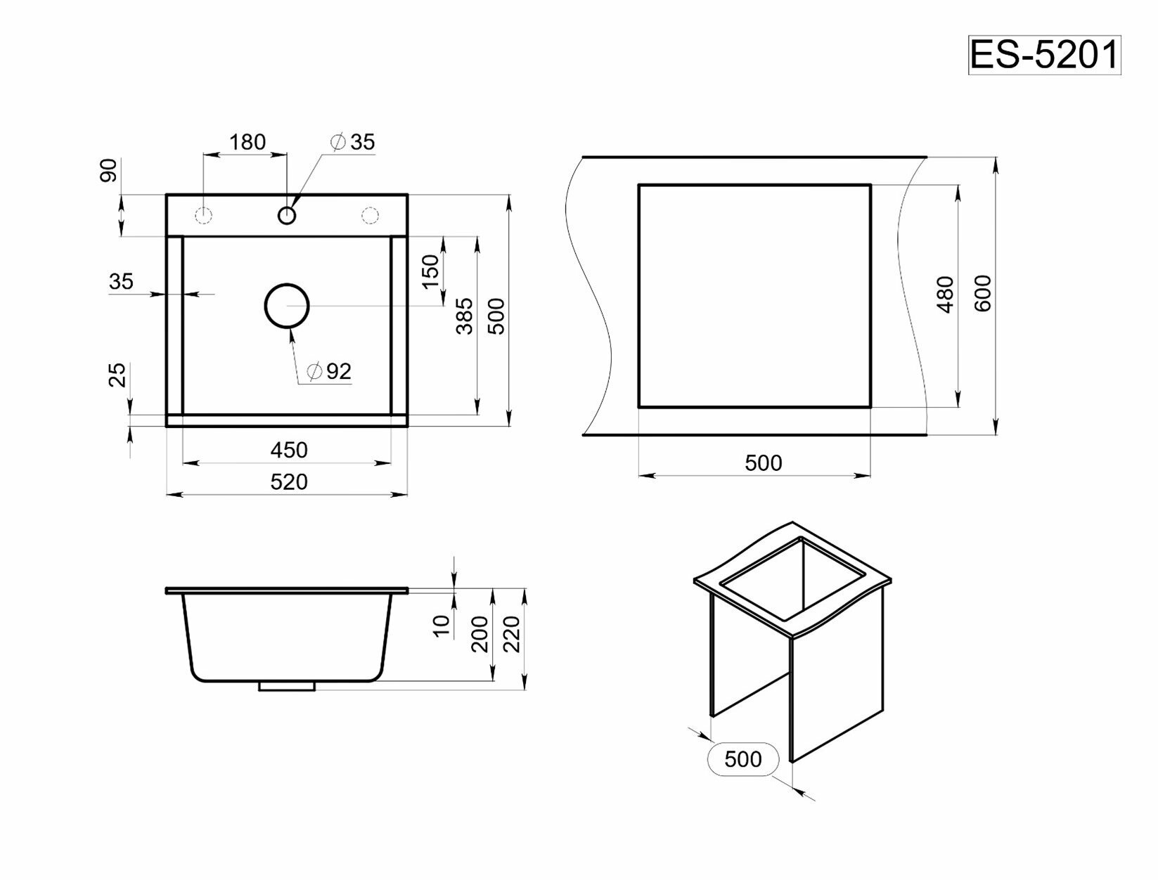 ES-5201, графит (чёрно-серый), кухонная мойка, кварц, ESTETICA - фотография № 4