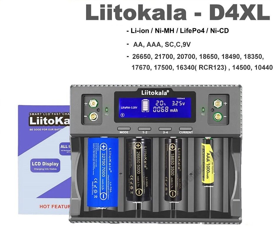 Зарядное устройство Liitokala Lii-D4XL ( для 4-x 32700-10440 , Li-ion/NiMh, ток заряда 1/2A, LCD, показывает вольтаж, ёмкость) — фото 8
