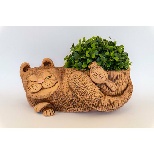 Кот с птичкой кашпо керамическое