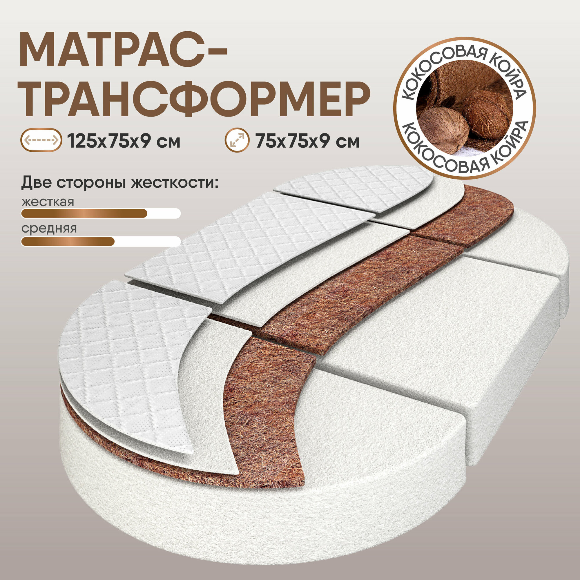 Матрас детский трансформер для круглой и овальной кроватки Comfort 75/125х75 см