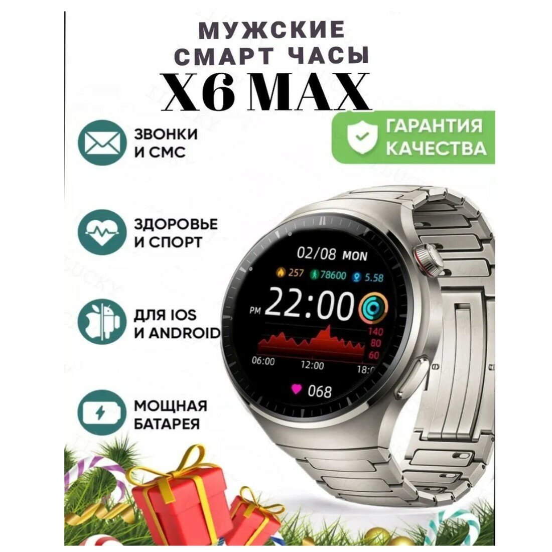 фото Смарт часы мужские, умные часы наручные электронные, металлический браслет для часов, 3 вида ремешка, беспроводная зарядка, bluetooth, круглые, серый