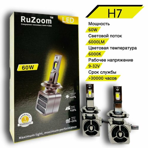 Светодиодные лампы LED 60W RuZoom с цоколем H7, комплект 2 штуки