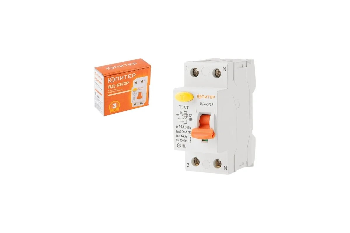 Выключатель дифференциальный (УЗО) ВД-63/2P 16А 30мА 6кА тип AС юпитер (электромеханический тип) (JP7512-16)