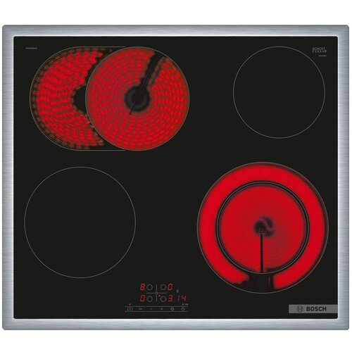 Электрическая варочная панель BOSCH PKN645BB2E, с рамкой, цвет панели черный, цвет рамки серебристый