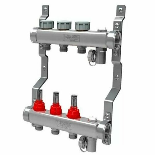 коллектор henco ufh mdss 1х3 4 2вых c клапанами с расходомерами сталь нерж компл в сборе Коллекторная группа Royal Thermo 3 выхода с расходомерами